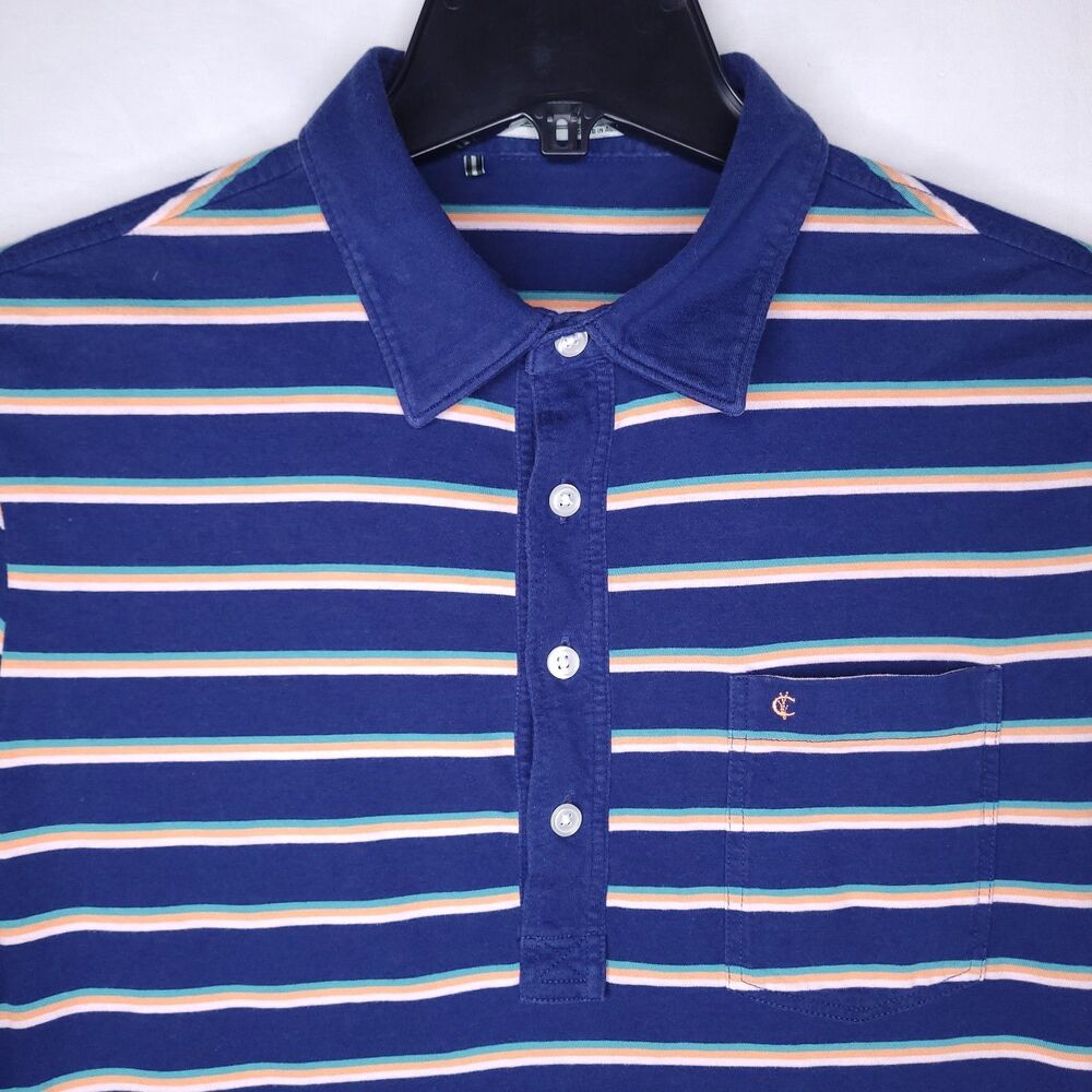 Criquet Polo Shirt Mens Large Striped Navy Short Sleeve Organic Cotton
